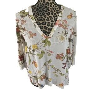 Zara Woman Blouse S White Floral Boho  Light Academia 3/4 Sleeve Hi Low hem